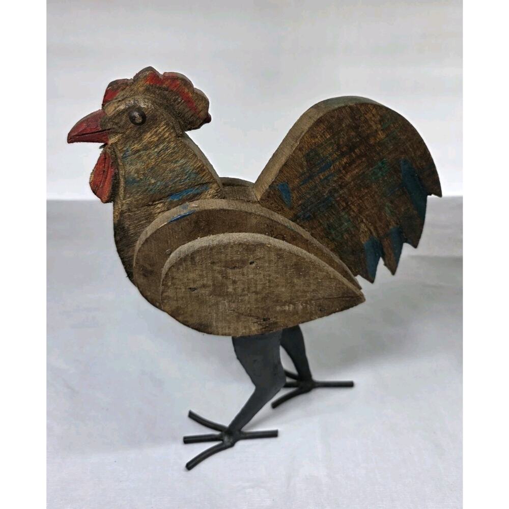 Vintage Chicken Rooster Wood Carved Hand Painted Decor Folk Art Primitive Metal